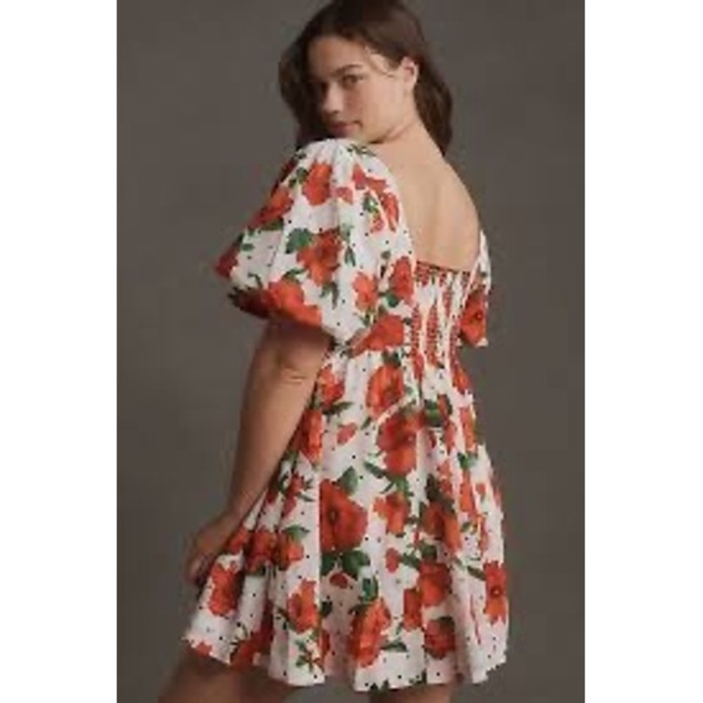 Maeve Anthropologie Red Poppy Floral Polka Dot Smocked Puff Sleeve Mini Dress L - Picture 2 of 7